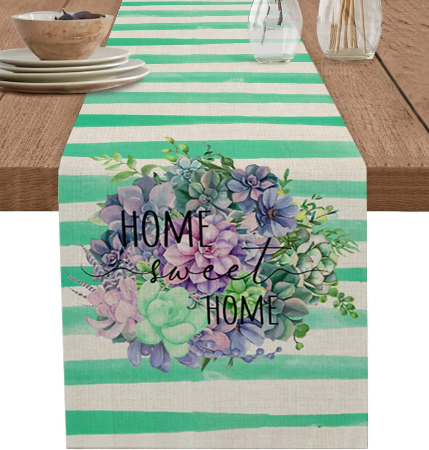 

Summer Succulent Plants Green Linen Table Runners Kitchen Table Decoration Farmhouse Dining Table Runners Holiday Party Decor