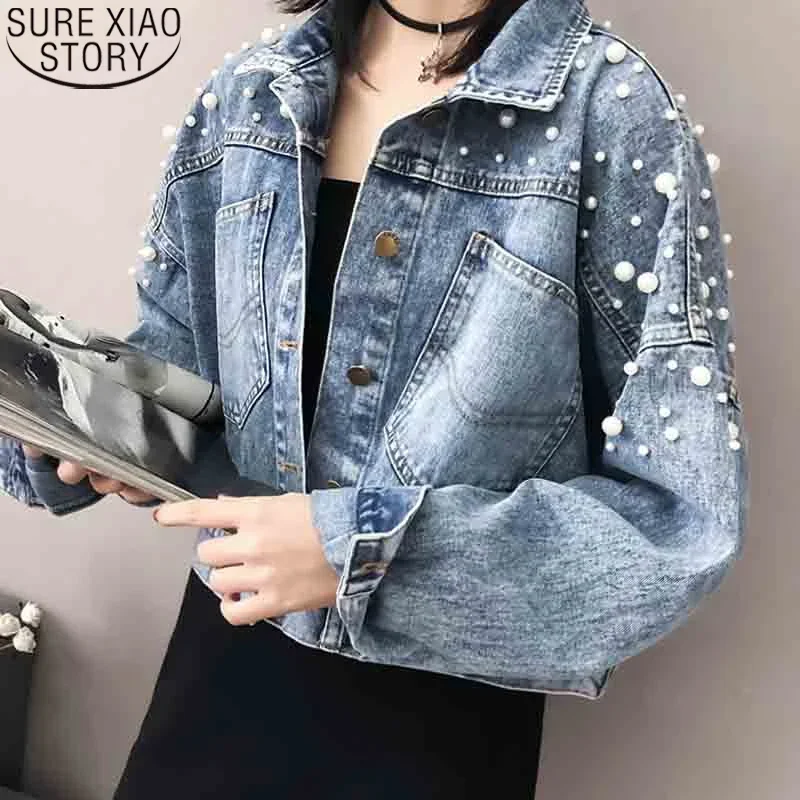 

Vintage Blue Denim Jackets Jeans Coat Women 2024 New Autumn Chic Pearl Beading Casual Jacket Long Sleeve Denim Coat Korean 16756