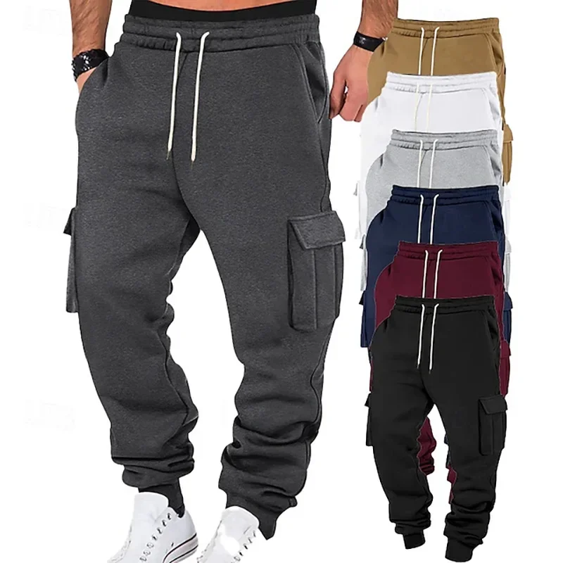 

Trendy Men's Casual Pants with Drawstring Workwear Style Sporty Multi-Pocket Long Trousers Versatile Loose Fit Leisure Trousers