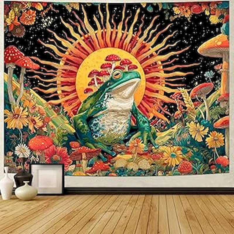 VIKAMA Psychedelic Skull Tapestry, Mushroom Sun Frog Trippy Wall Hanging Home Decor, Aesthetic Boho Room Decor