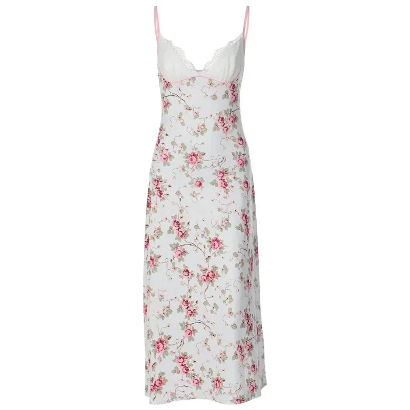 Mode Nieuwe V-hals Bloemen Sexy Vrouwen Jarretel Lange Jurk Y2k Lente En Zomer Elegante Nauwsluitende Backless Casual jurk