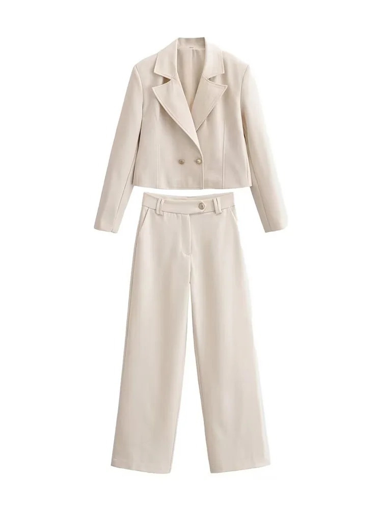

HH Spring Women 2 Piece Set Lapel Double Breasted Casual Long Sleeve Short Blazer+Pockets High Waist Zipper Straight Leg Pants