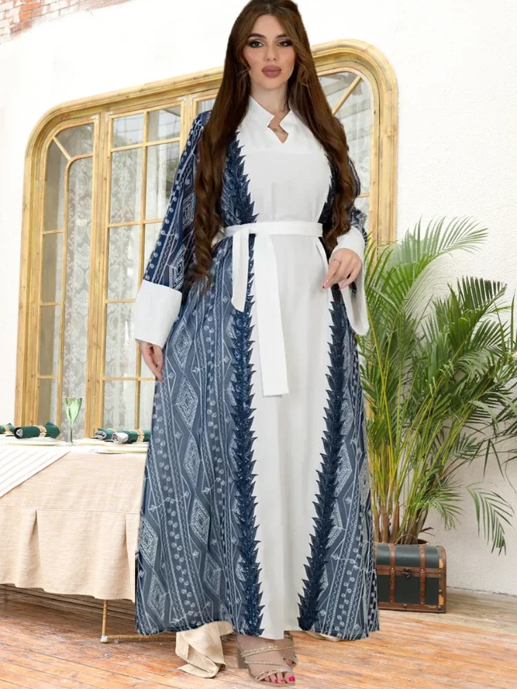 Dubai Arab Muslim Party Dress for Women Abaya Lace-up Embroidery Stand Collar Elegant Robe Longue Jalabiya Vestidos Mujer 2023