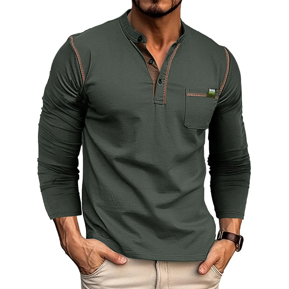 

Mens Casual Business Patchwork Long Sleeve Henley Shirt Collar Tops Blouse Button Up Muscle Pocket Fashion Soft Men's Shirts