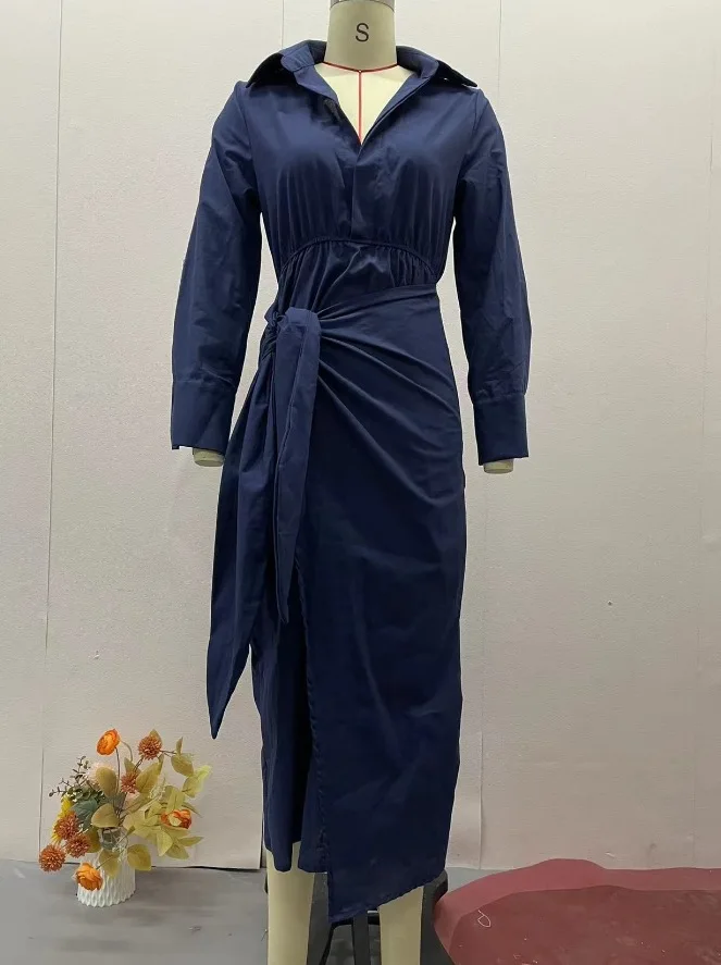 فساتين نسائية ضيقة الخصر قابلة للطي بأربطة بقصة ضيقة وأكمام طويلة فستان سادة بياقة مقلوبة مقسمة مستقيمة فيستدوس عتيقة 2025