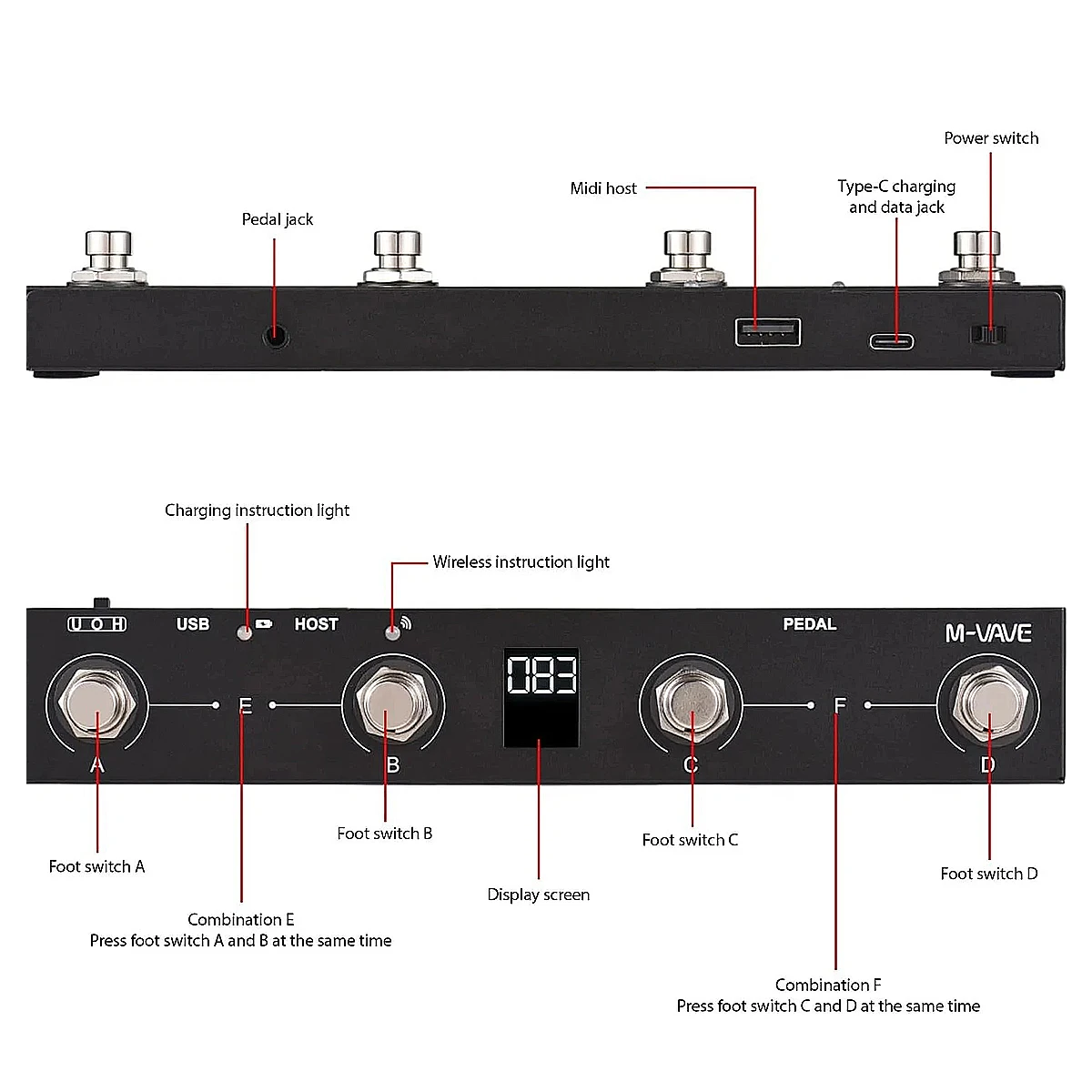 M-VAVE Chocolate Plus Black MIDI Foot Controller – 4 Programmable Switches, USB/BT MIDI, Host, 16 Messages per Switch, 280g