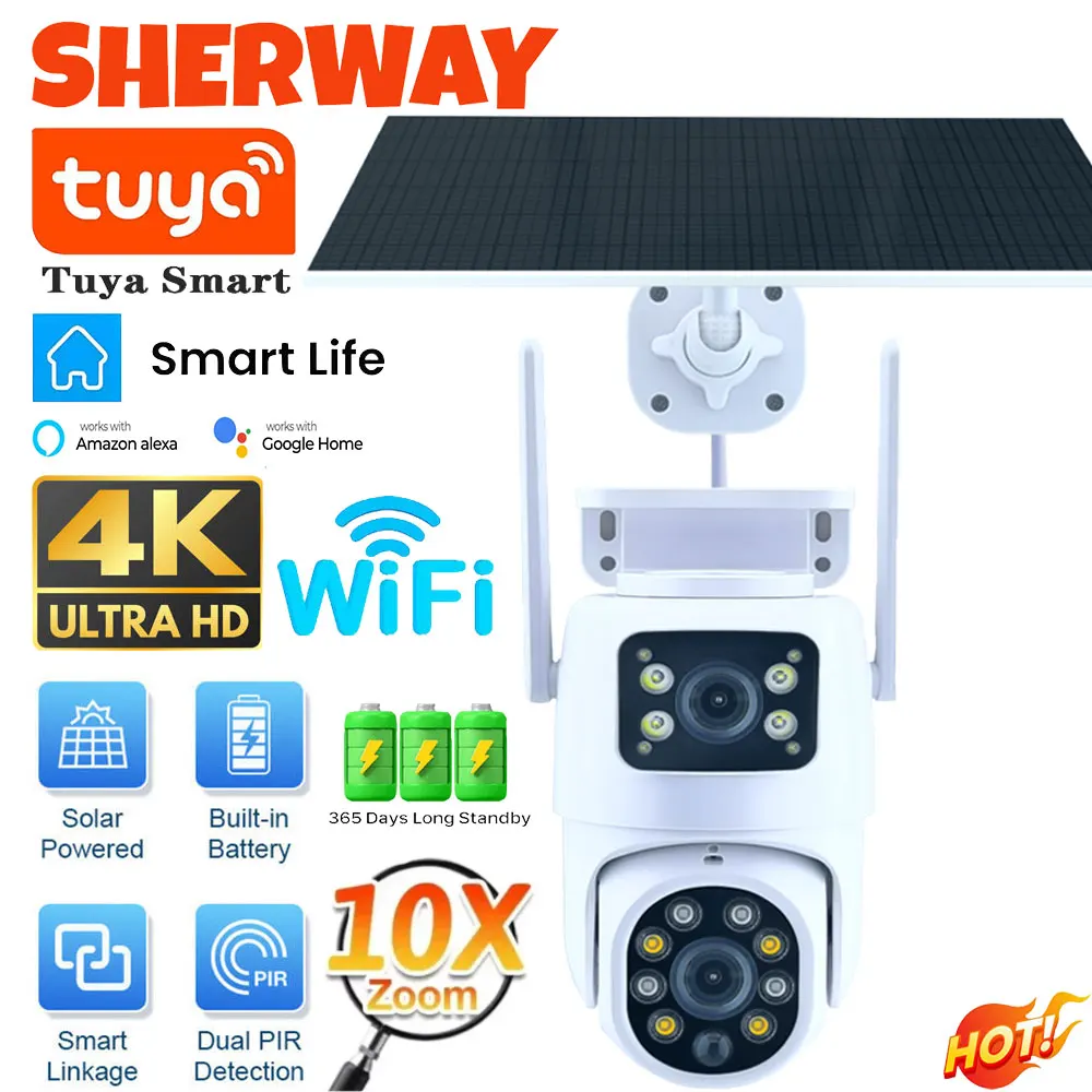 Tuya Solar Camera WiFi Outdoor 10MP Dual Lens 4K Wireless Dual Screen PTZ Security Camera Low Power Battery Cam Motion Detection