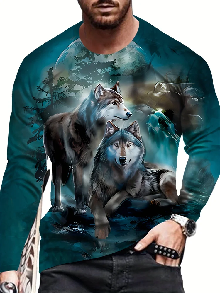 Men's 3D Two Wolves Long Sleeve T-Shirt Moonlight Forest Graphic Tee Animal Print Streetwear Casual Pullover Tops Hot New