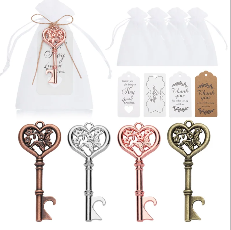 

50sets Vintage Butterfly Key Bottle Opener with Organza Bag Thank You Tag Jute Rope Wedding Baby Shower Favors for Guests