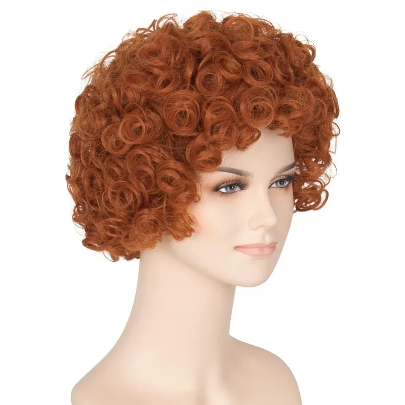 برتقالي مجعد للنساء زي السيدة روبر قصير برتقالي شعر مستعار صناعي مقاوم للحرارة شعر مستعار آني للبالغين حفلة الهالوين