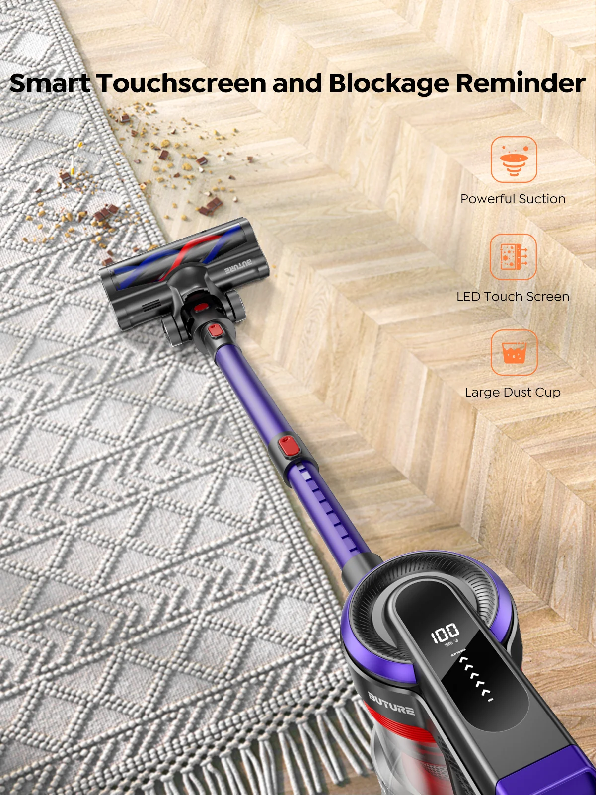 Buture JR400 Cordless Vacuum Cleaner Handheld Wireless 450W 38KPa with Touch Display Home Appliance for floors/carpets/dog hai