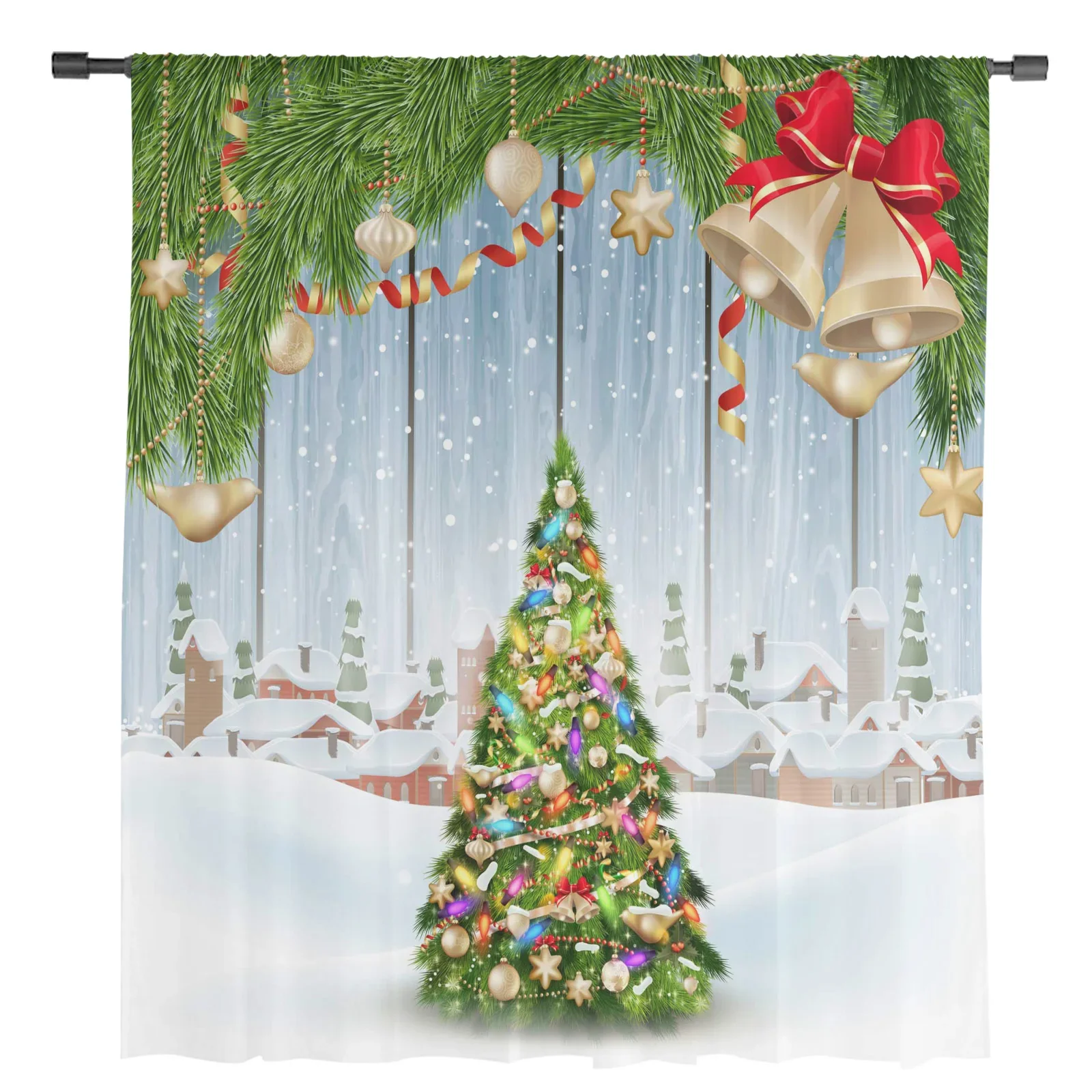 Bells Christmas Tree Snow Village Sheer Curtains for Living Room Decoration Window Curtains Kitchen Tulle Voile Curtains