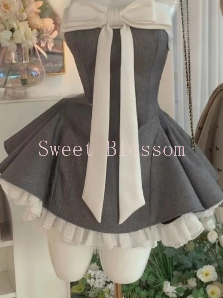Summer New Vintage Elegant Dress Women Strapless Bow Patchwork Slim Puffy Mini Dresses New Fashion French Chic Sexy Outfits 2025 - Image 5