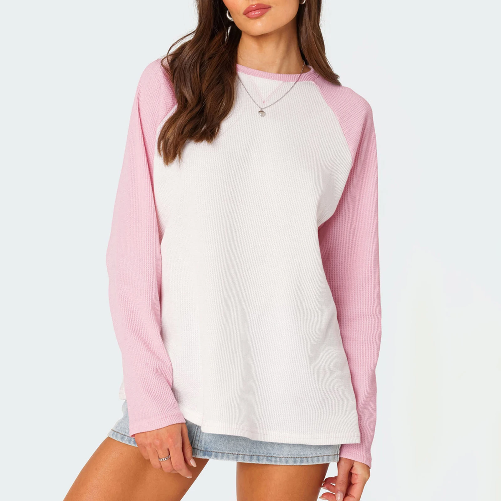 

Women's Fall Loose Pullover Tops Contrast Color Long Sleeve Crew Neck Waffle Sweatshirt