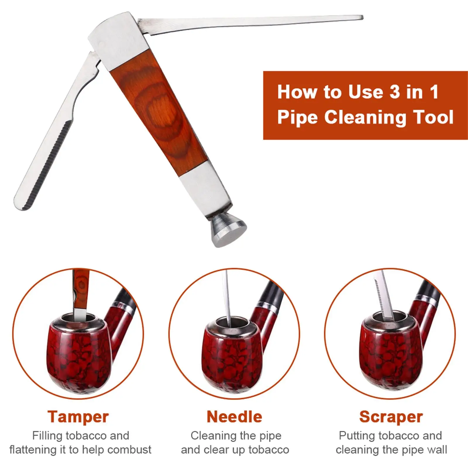 1pcs Multifunction Red Wood Smoking Pipe Cleaning Tool 3 in 1 Stainless Steel Smok Pipe Cleaner Accessories