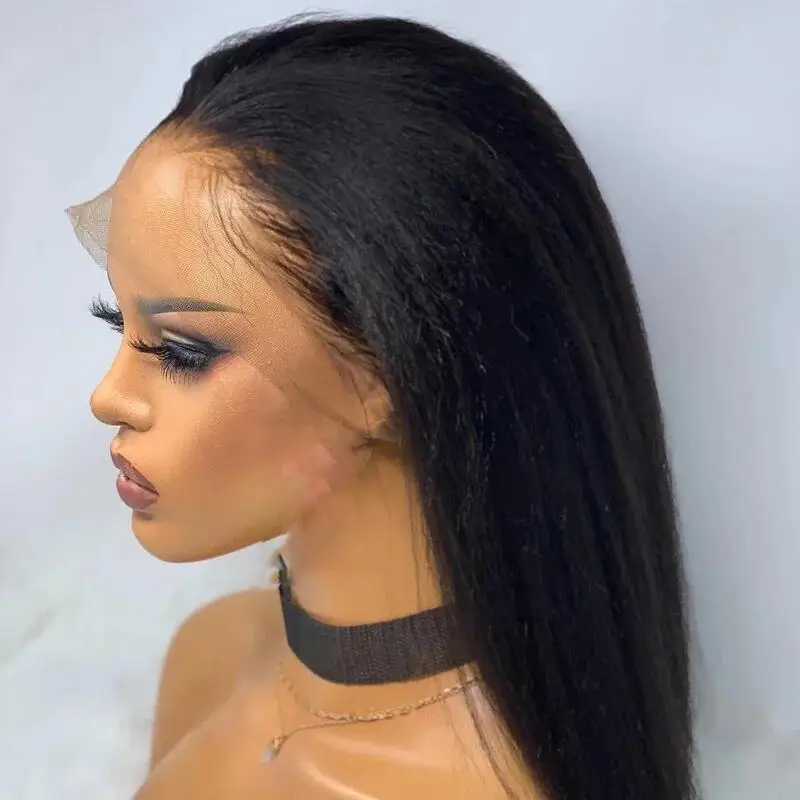 Lange, verworrene, gerade Yaki-Perücke, weich, 66 cm, 180 Dichte, natürliches Schwarz, tiefe Spitze vorne, für Damen, Babyhaar, ohne Kleber, vorgezupft, täglich