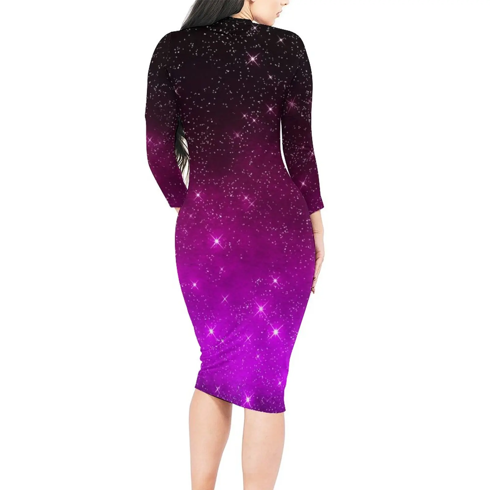 Pink Starry Night Dress Long Sleeve Colorful Sky Print Kawaii Dresses Spring Female Streetwear Design Bodycon Dress Big Size