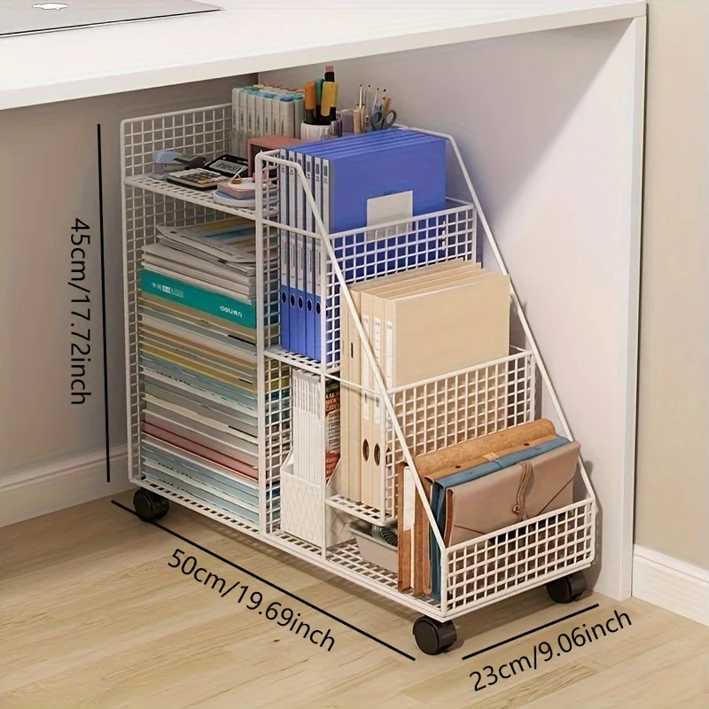 Portable Under Desk Scroll Bookshelf - Easy to Assemble Iron Storage Cart for Home Office, Stylish Painted Finish