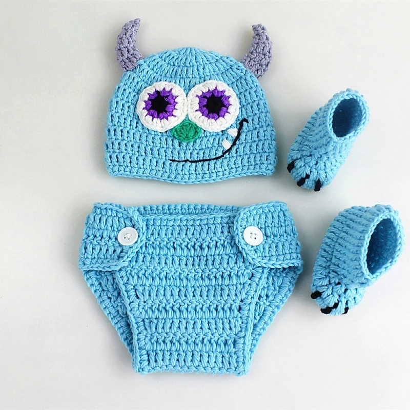 

3pcs/sets Baby Monster Costumes Newborn Photography Outfits Props Blue Knitted Hat Shorts and Shoes Sets for Infant Photos