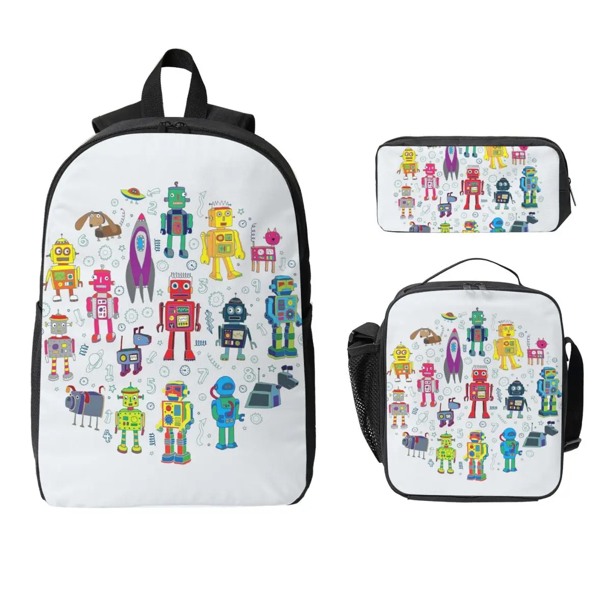 

Robots In Space Grey Fun Robot By Cecca Designs Backpack Student Boy Girl BookBag School Bag 3ps Insulated Lunch Bag Pencil Case
