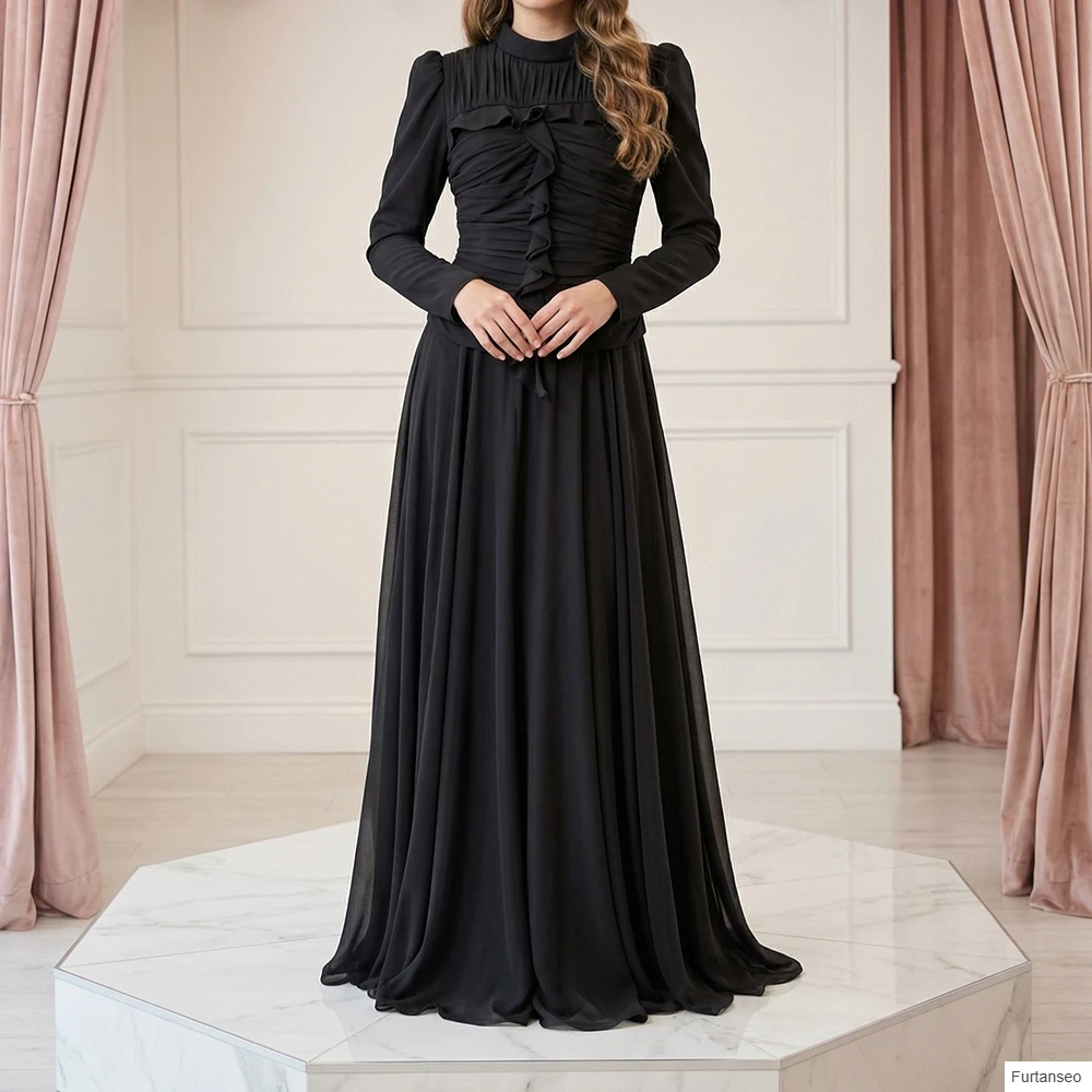 

A-line Women's Evening Dresses Floor-length High-neck Full Sleeve Prom Gown Fashion Pleat Ruched Simple Draped Customized Gowns