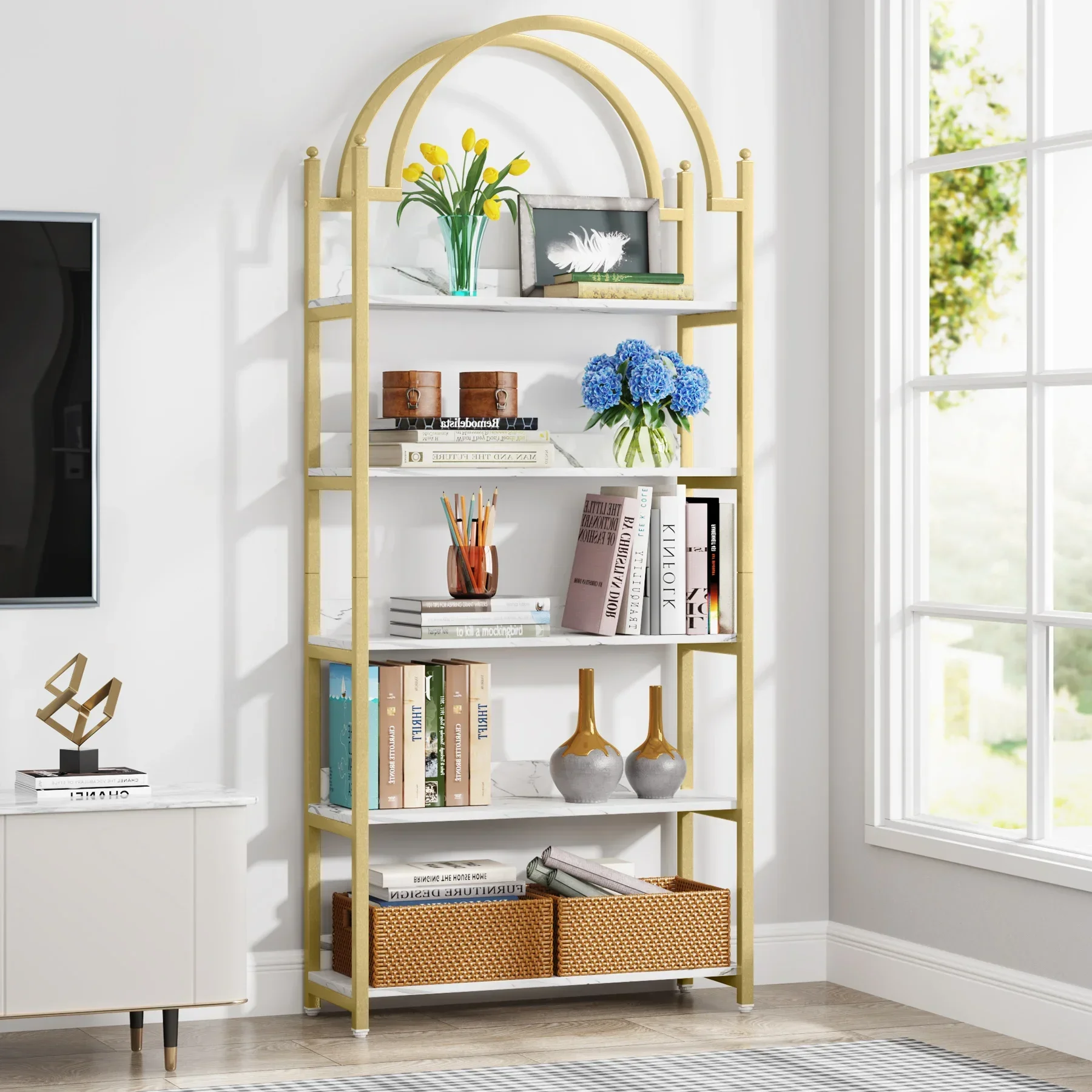 Tribesigns 5-shelf Gold Etagere Bookcase, Modern Metal Open Arched Bookshelf, 72 Inches Tall Gold Shelves