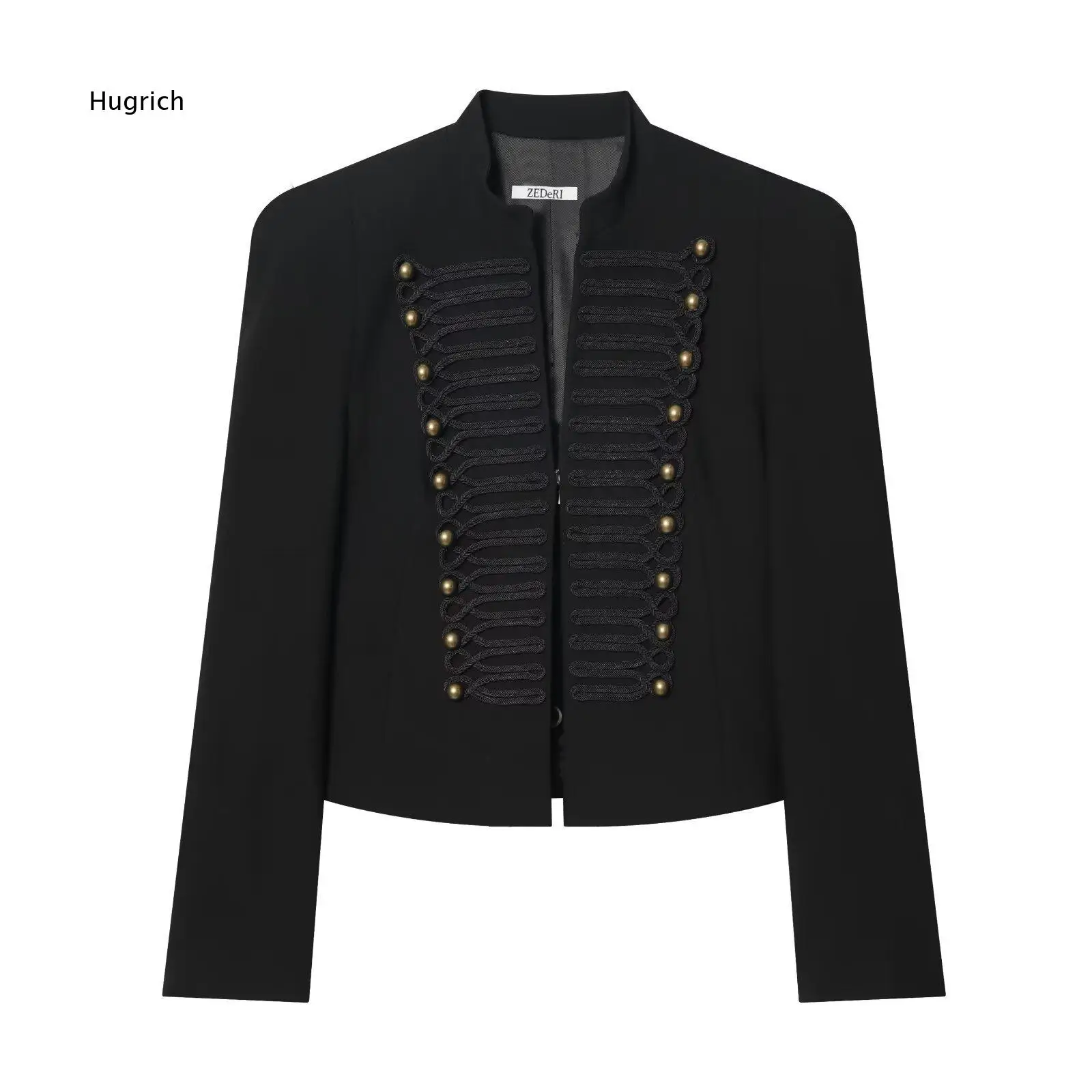 Ladies Long Sleeve Cropped Outerwear Stand Collar Solid Black Jacket with Handmade Braided Trim and Round Metal Buttons