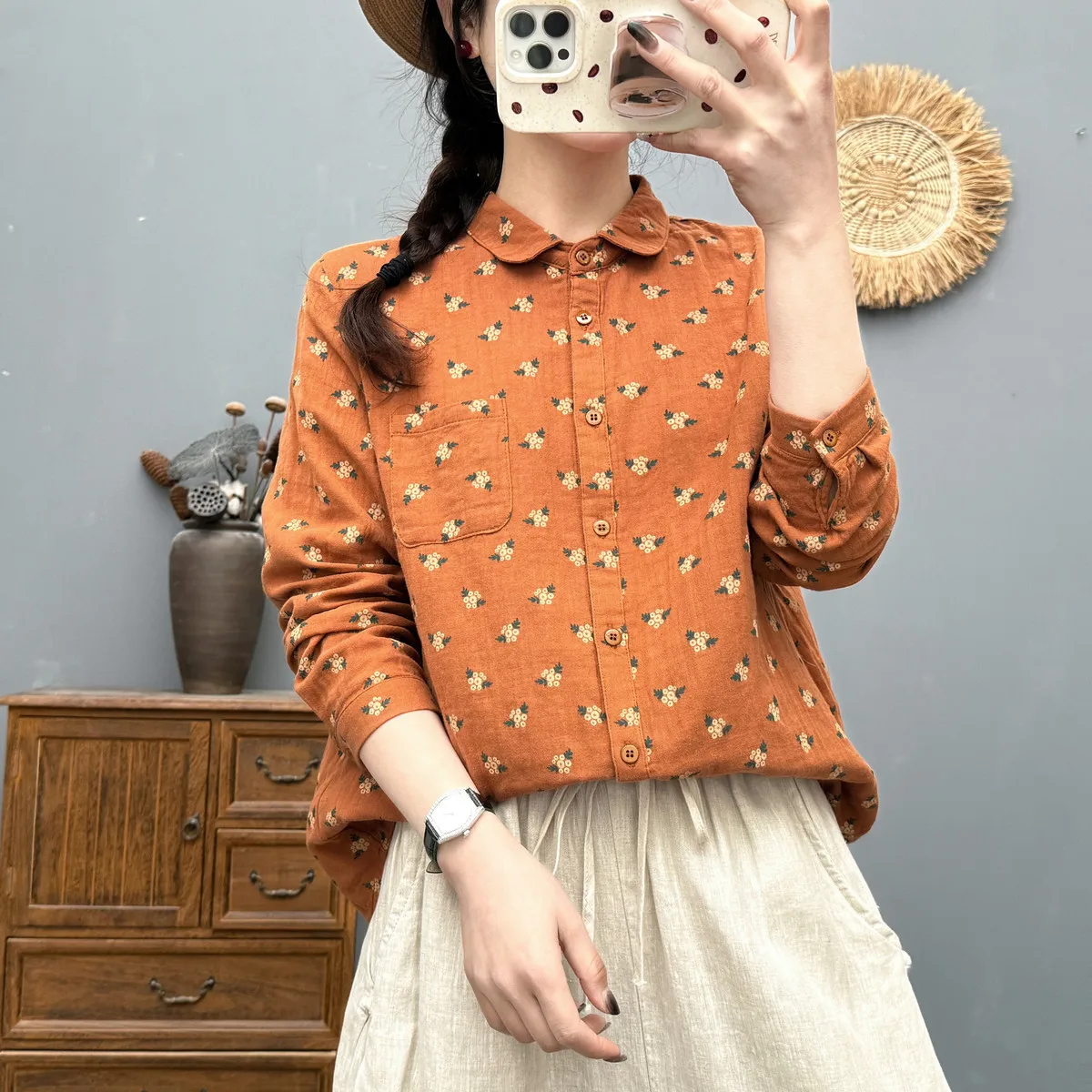 

[Готовый запас] Высококачественная женская блузка из 100% хлопка, рубашка в стиле ретро с литературным принтом и цветочным принтом, новые повседневные модные женские универсальные рубашки