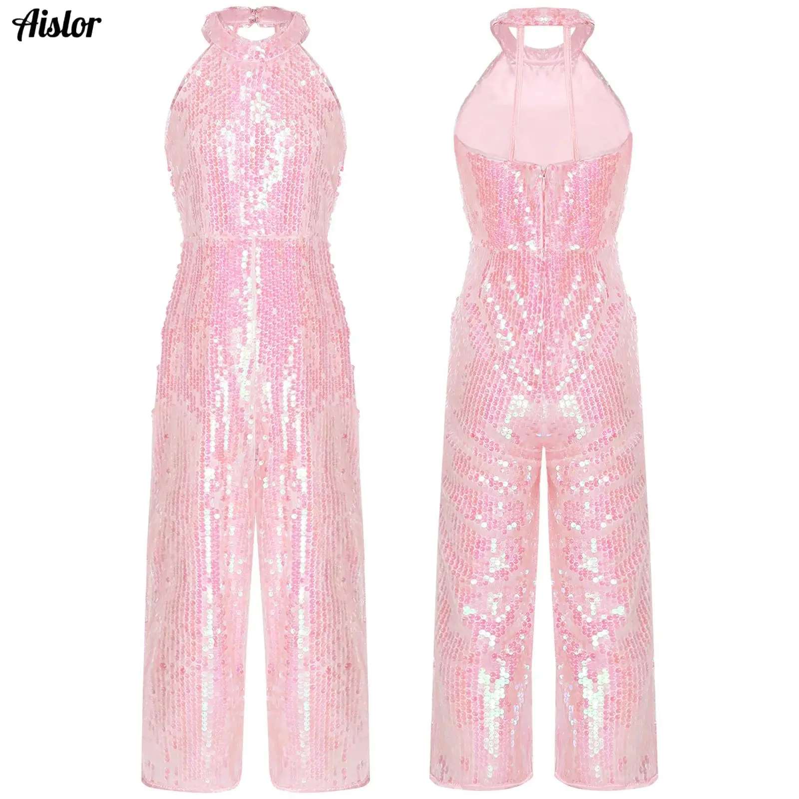 

Kids Girls Sequins Rompers Jumpsuit Halter Sleeveless Wide Leg Pants Birthday Wedding Party Gowns Jazz Latin Dancing Costume