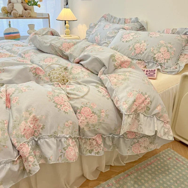 Sweet Flower Printed Bed Skirt Bedding Set Skin Friendly Cotton Nude Sleeping Comforter Cover Set Class-A Single Home Textile