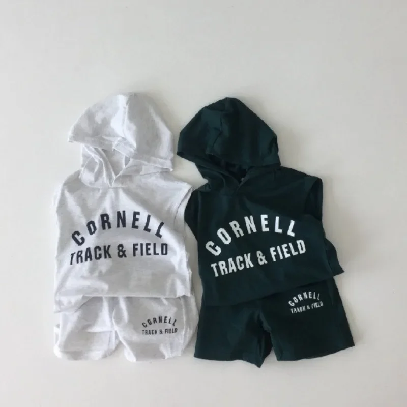 Conjunto de ropa de algodón con estampado de letras para bebé, de 2 piezas Sudadera con capucha y pantalones cortos, chándal deportivo de verano para niños de 1 a 7 años