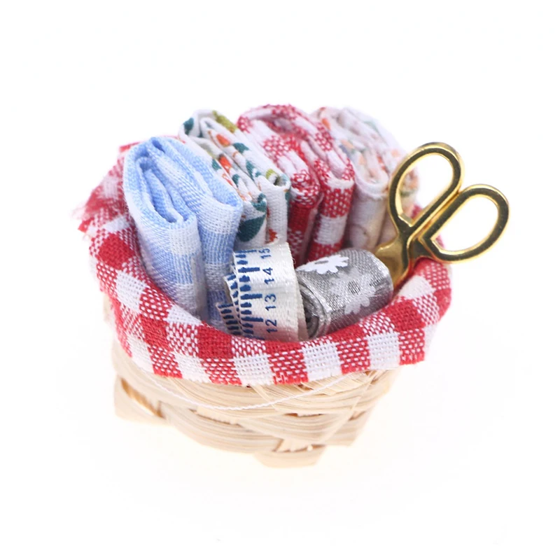 Realistic Miniature Sewing Set with Fabric Basket, Ruler & Scissors for 1:12 Scale Dollhouse.