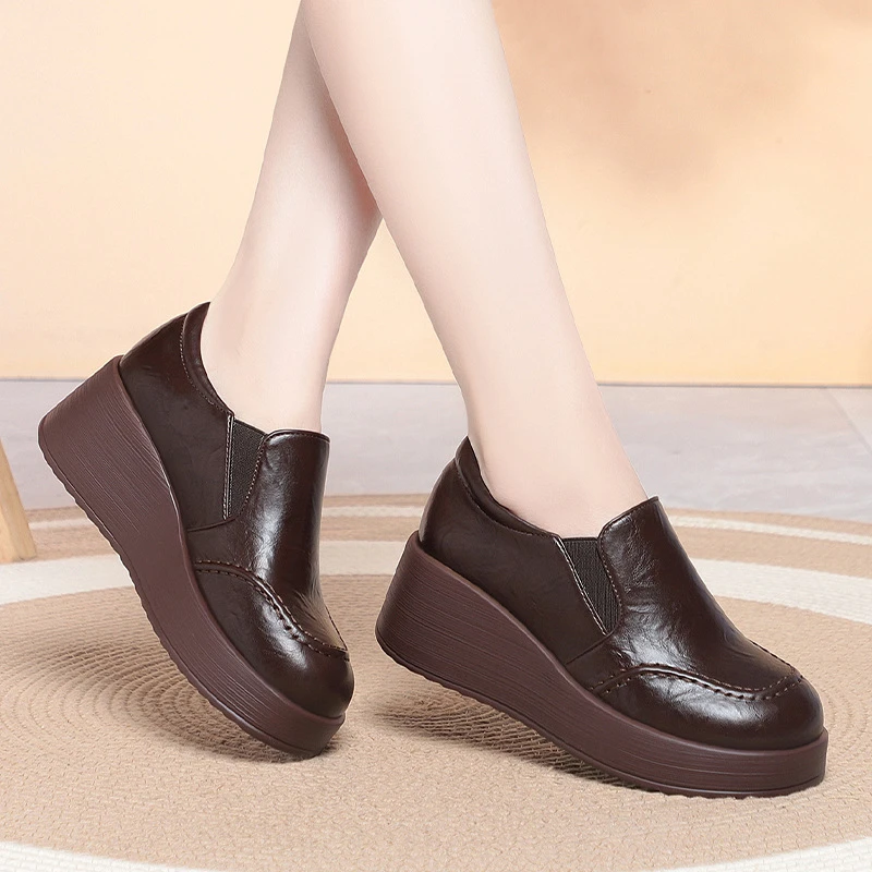 

Womens Soft Sole Leather Wedge Shoes For Middle Aged And Elderly Moms Thick Platform Slip Ons Comfortable Daily Wear For Spring