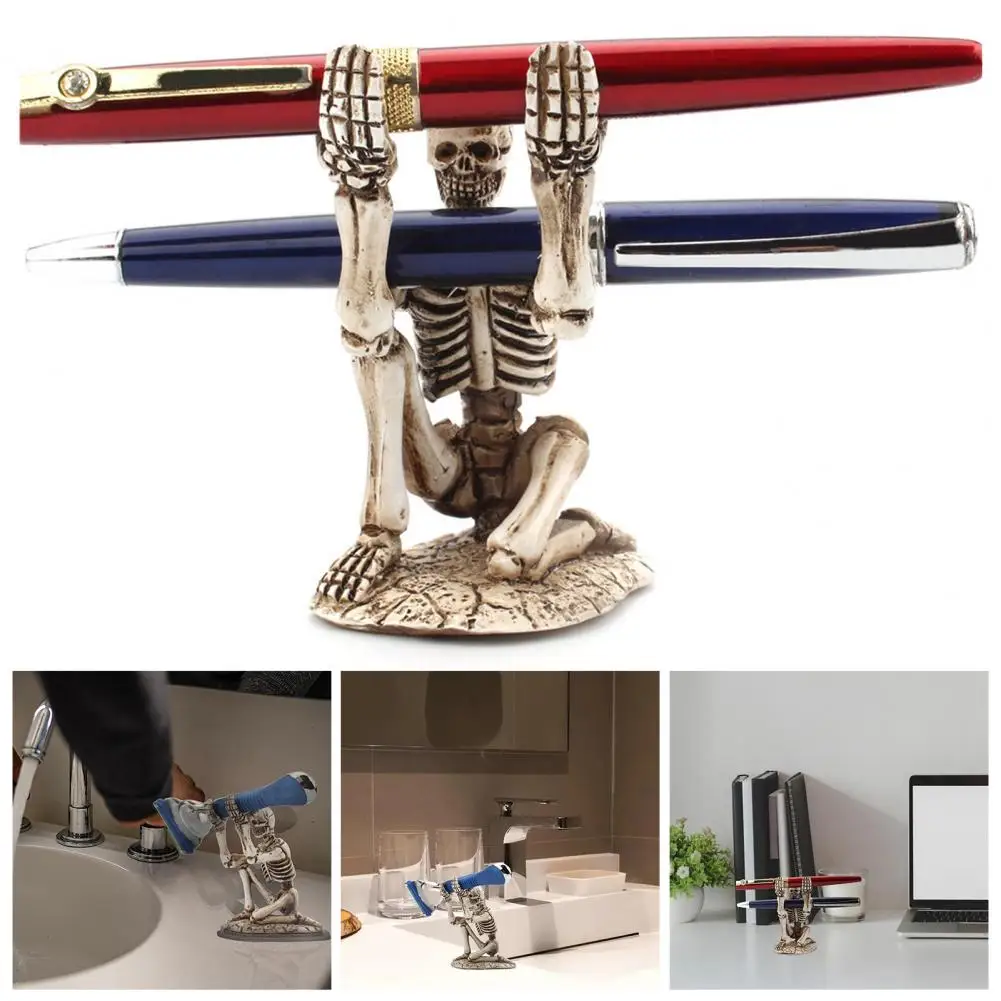 Skull Pen Storage Rack Scary Resin Skull Toothbrush Holder Tools Pen Racks Creepy Skull Makeup Brush Holder For Home Living Room