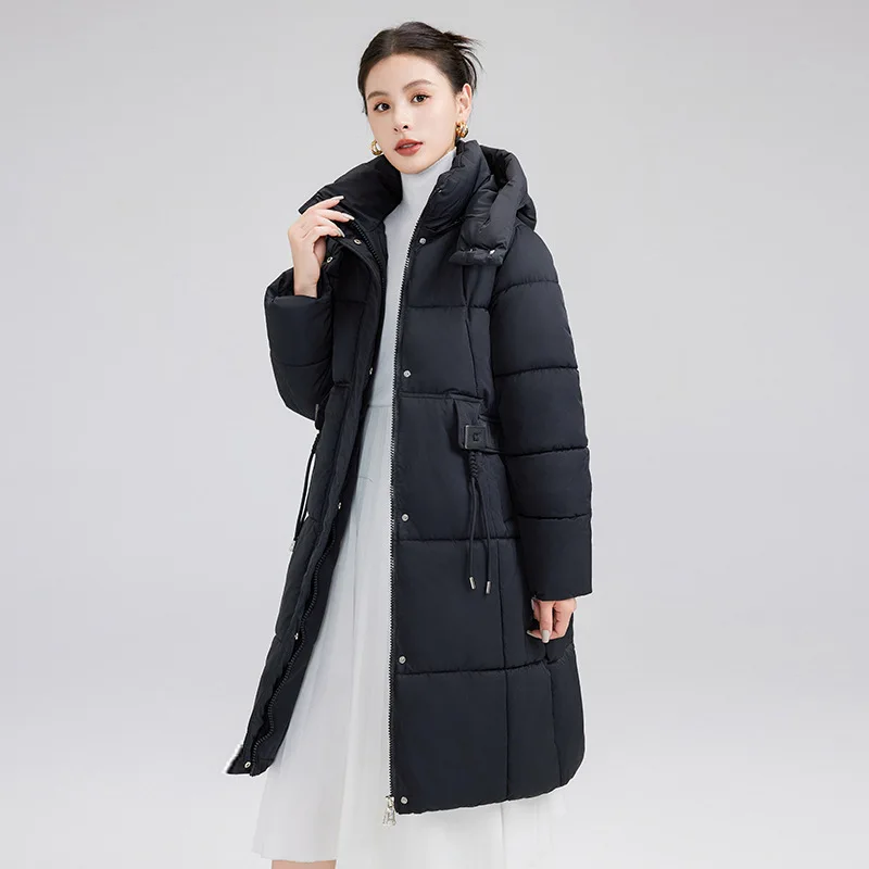 Nuovi piumini lunghi con cappuccio Abbigliamento Colletto alla coreana da donna Cappotto caldo addensato Piumino elegante invernale tinta unita femminile