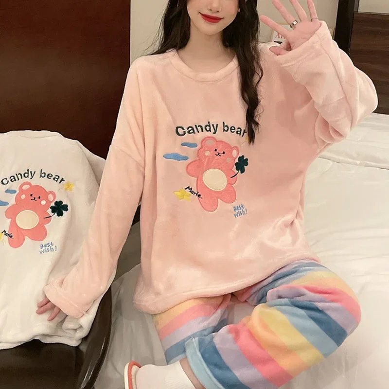 

Thickened Warm Large Size Autumn and Winter Pyjamas Long-Sleeved Trousers Female Coral Velvet Cartoon Bear Homewear Women