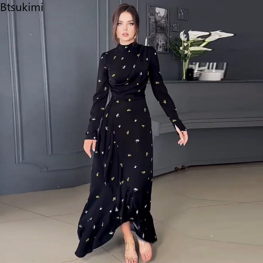 2024 Spring Pretty and Elegant Women Long Dresses Muslim Long Sleeve Flounced Edge Print Maxi Dress Abaya Dubai Arab Kaftan Robe