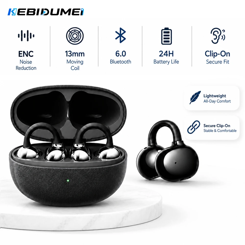 KEBIDUMEI Bluetooth 6.0 Ohrhörer Open-Ear Kabellose Kopfhörer Komfort-Clip Sport-Ohrhörer Geräuschunterdrückende Headsets mit Mikrofon