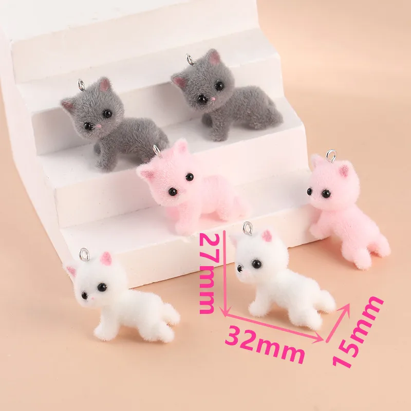 New 6PCS Kawaii 3D Fluffy Flocking Cat Animal Charms Miniature Dolls Keychain Necklace Pendant DIY Crafts Jewelry Make