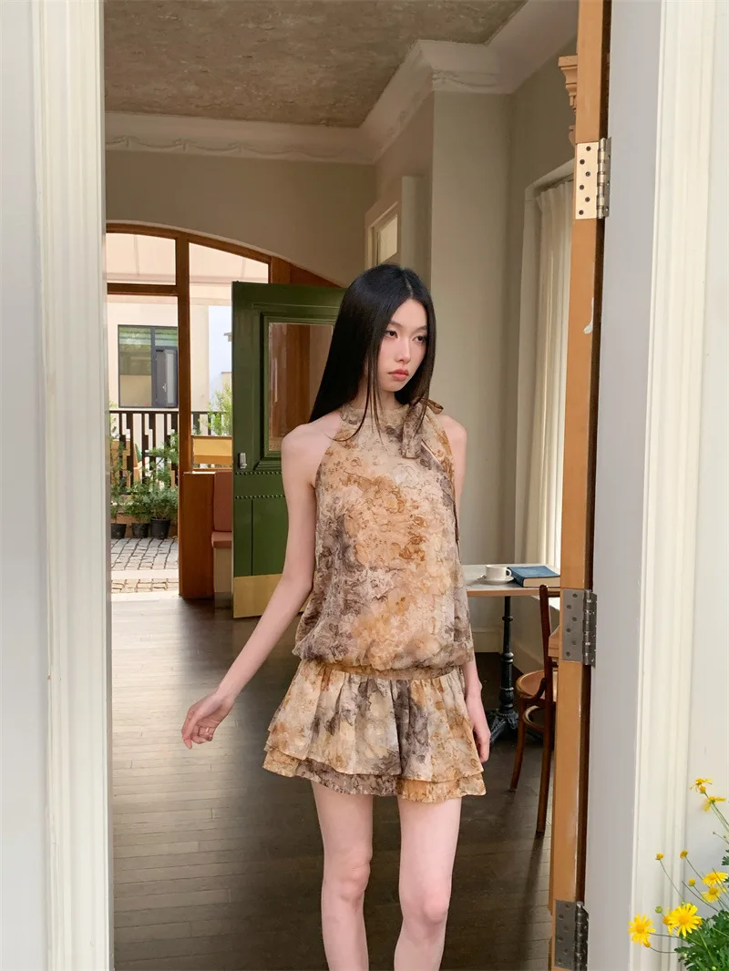 Francês retro tie-accented chique halter babados em camadas mini bolo vestido para mulheres verão casual praia férias-estilo a linha vestido