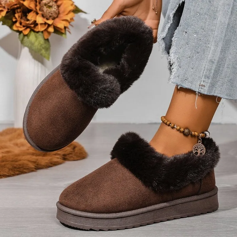 

2025 Winter Warm Fur Indoor Home Slippers Women Faux Suede Closed Toe Couple Slippers Woman Comfort Soft Sole House Shoes Slides