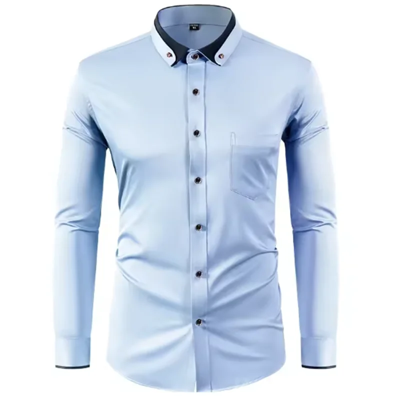 Elastic Shirt Men's Long Sleeved Diamond Buckle Contrasting Collar Design Solid Color Slim Fit Men's Shirt Men's Clothing