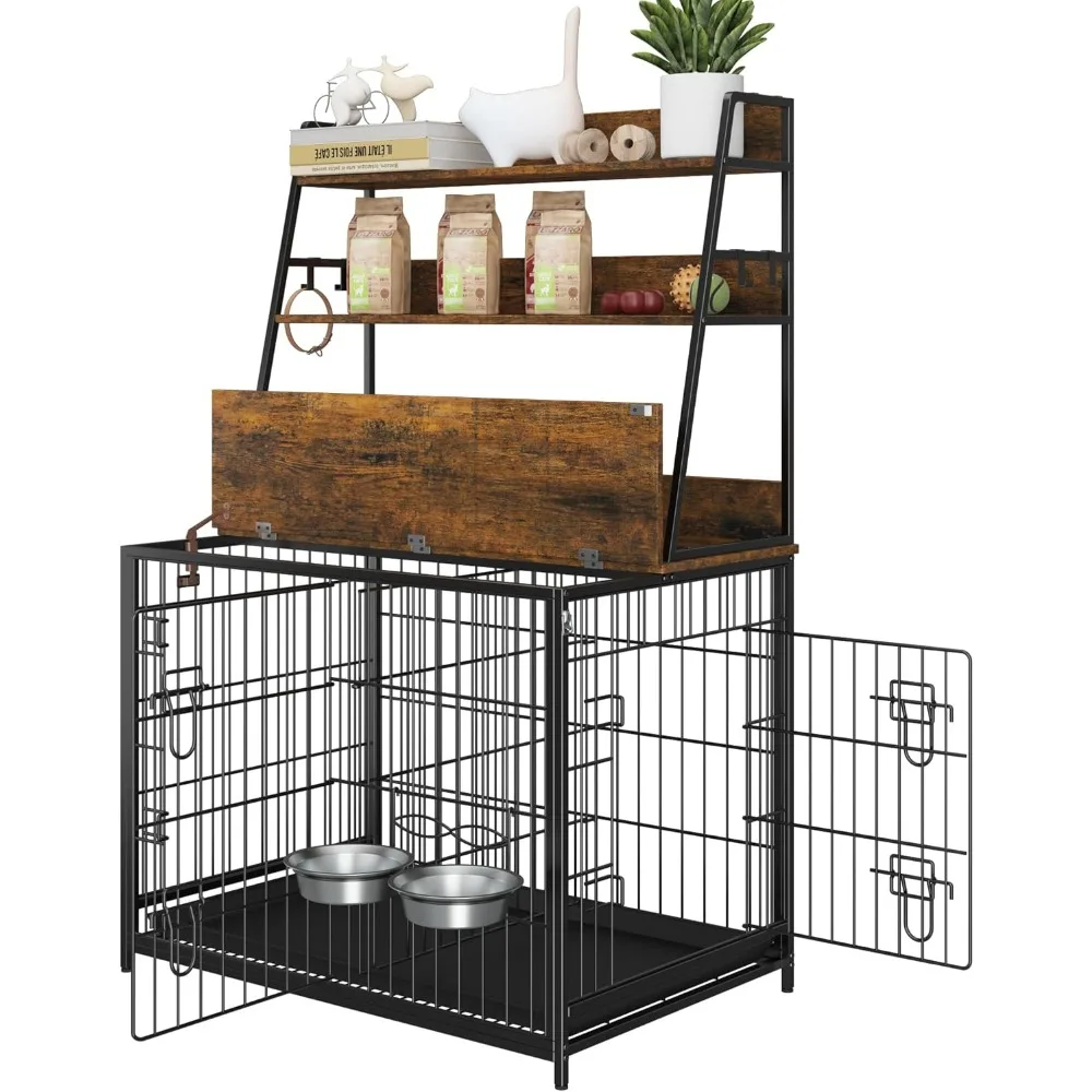 قفص خشبي حديث للكلاب مع أرفف تخزين، تصميم وحدات، وحدة تغذية قابلة للتعديل، ومنزل الحيوانات الأليفة موفر للمساحة