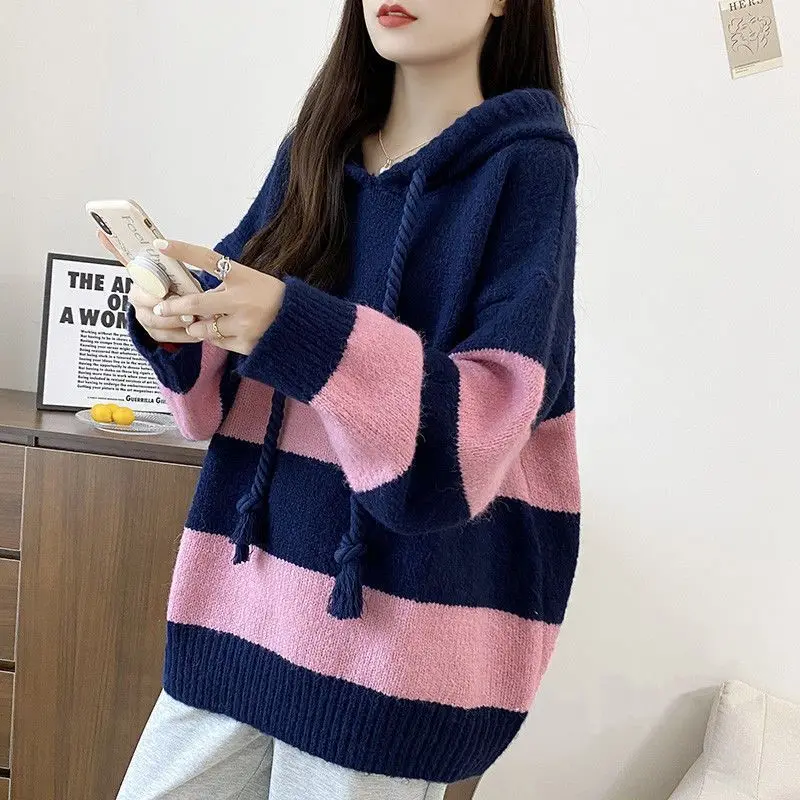 

Ladies Loose Fit Striped Knitwear Hooded Sweatirt Autumn Winter New Sle Korean Version Ci Walk Outerwear Casual Ne