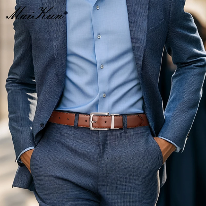 Maikun Genuine Leather Men\'s Belt Rotatable Pin Buckle Belt Buckle Double Sided Casual Belt For Jeans For Suits