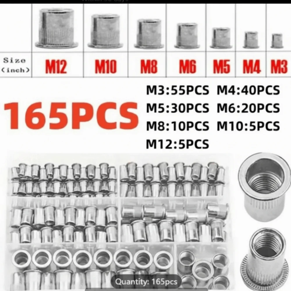 150/165Pcs Carbon Steel Rivet Nut Kit Assorted Sizes SAE & Metric Rivet Nut Assortment Kit with Storage Box