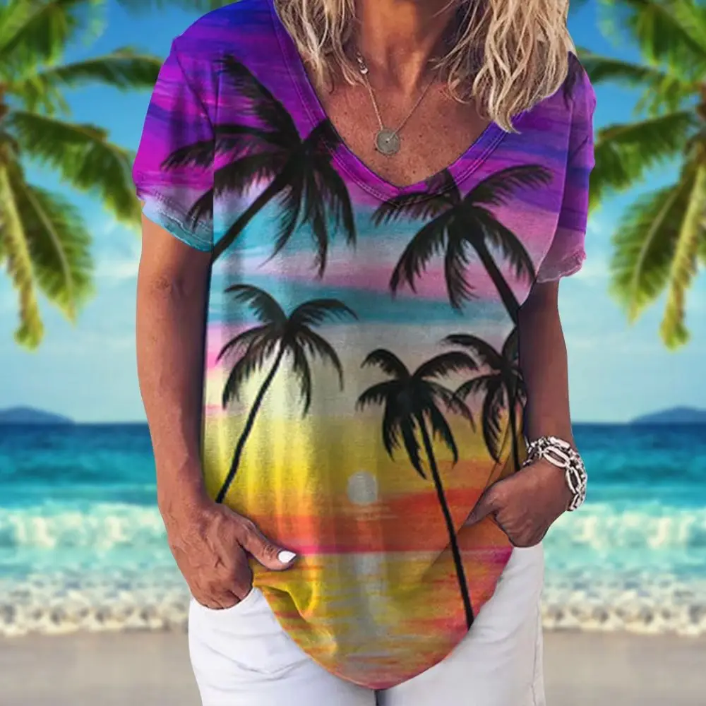 T-Shirt donna estiva camicia hawaiana modello palma da cocco scollo a V manica corta top abbigliamento vacanza 5xl ragazze Tee abbigliamento donna