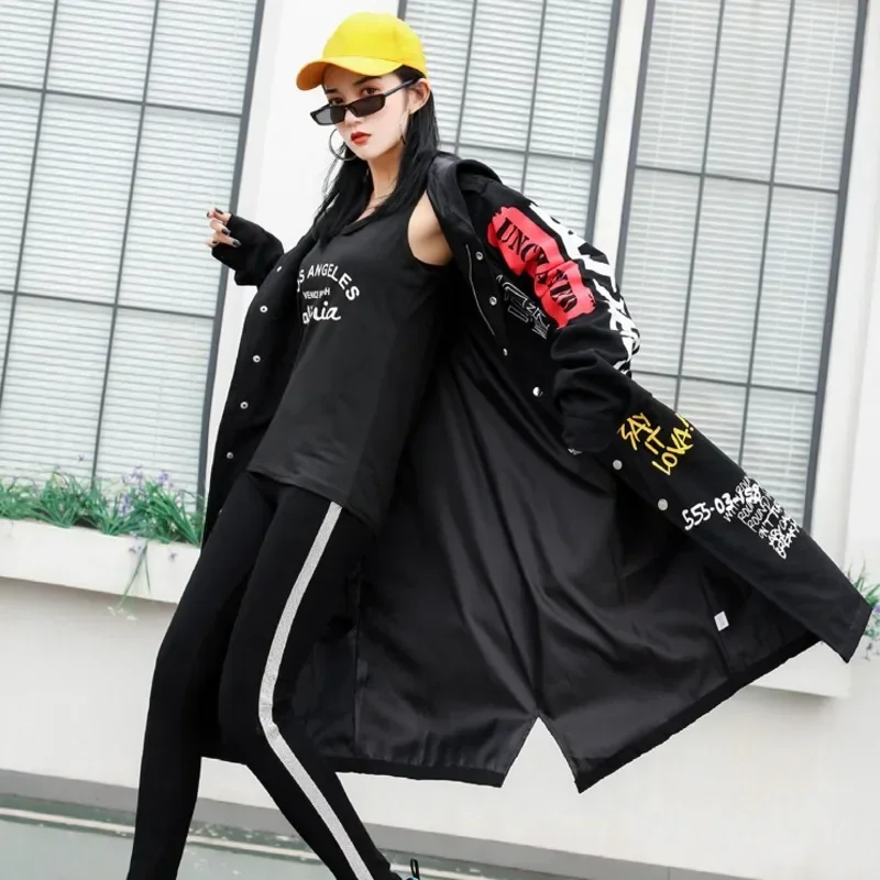 TPJB Graffiti Trench Coat Girl New Military Outwear Woman Cartoon Print Female Winderbreaker Black Overcoat For Women Clothing