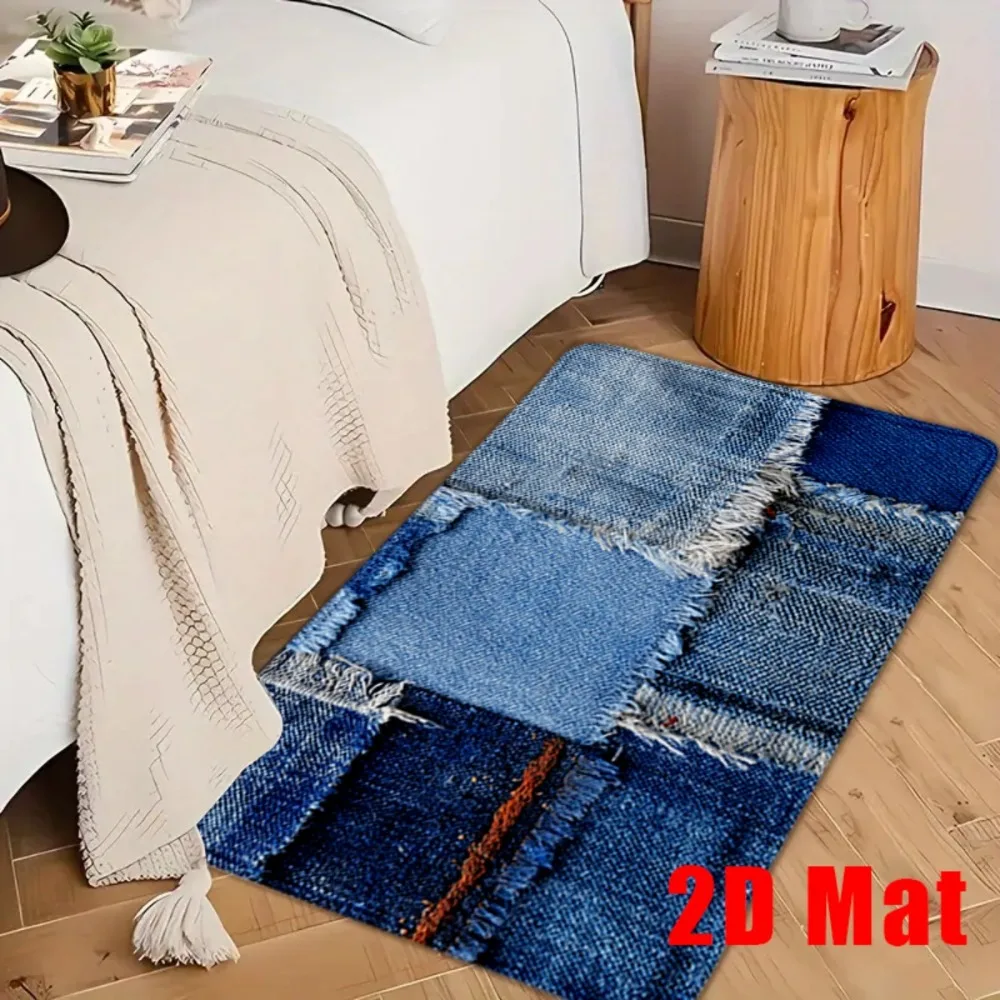 Stylish Denim Patchwork Design Non-Slip Floor Mat, Soft Decorative Rug for Bathroom, Living Room, and Bedroom