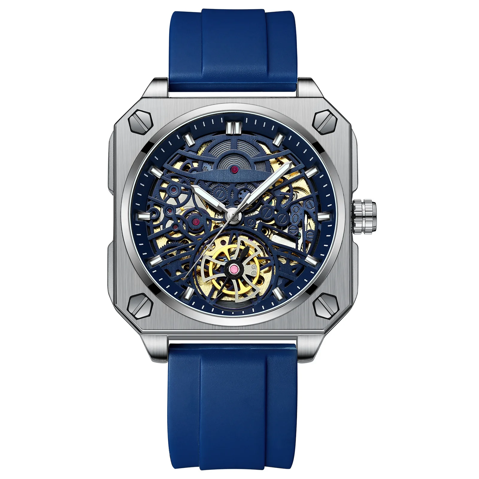 

High-End Men's Watch Skeleton Mechanical Watch Luxury Square Stainless Steel Strap Automatic Self-Winding Watch Waterproof Lumin